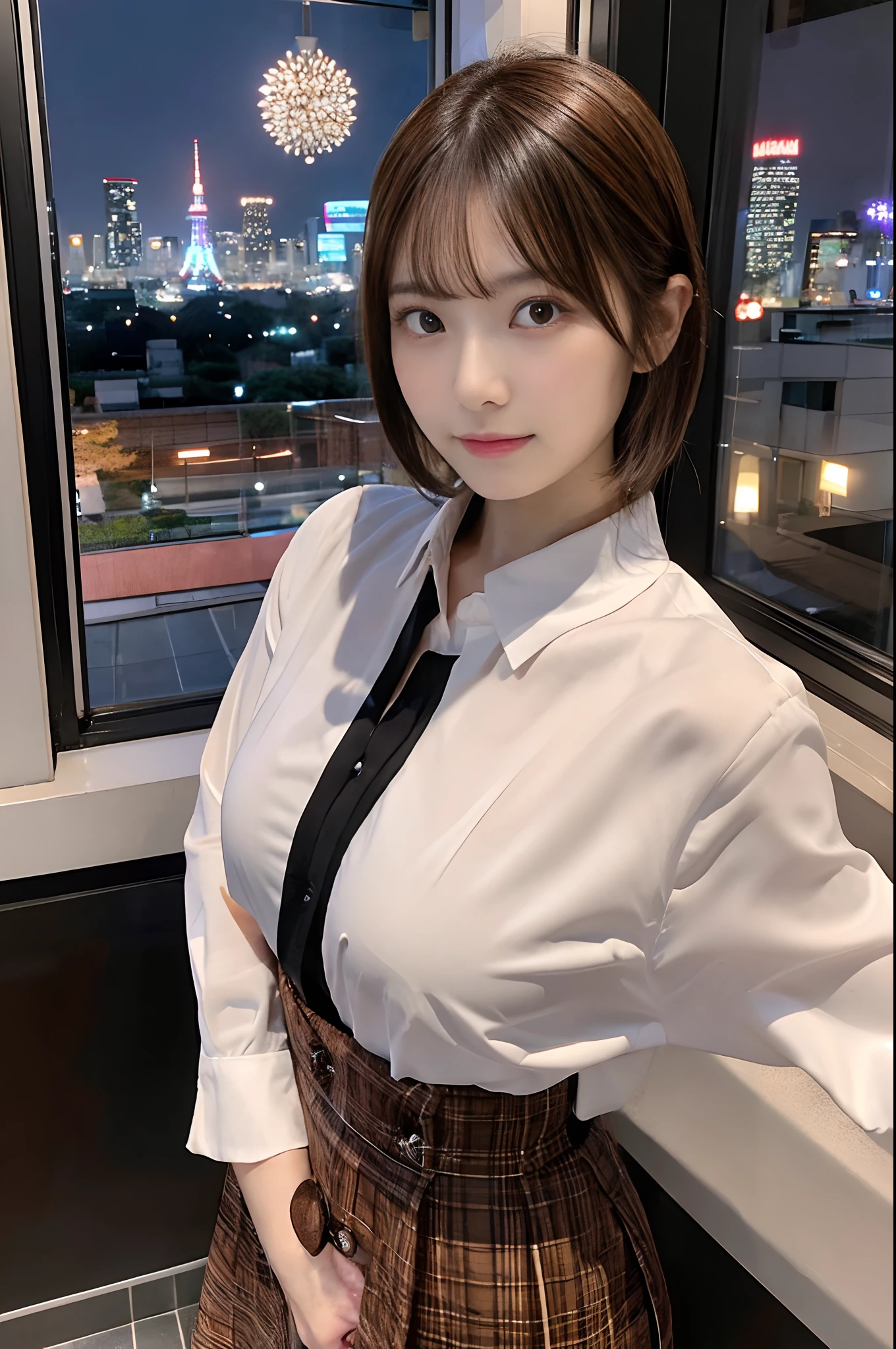 Araffe asian woman in a white shirt and brown skirt posing for a picture -  SeaArt AI