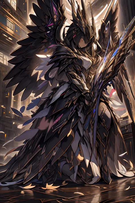 aura,purple lightning,condense energy in hands,, masterpiece, 4k, absurdres,yugioh style yugioh monster glowing outline ,whirlwind of feathers background,black wings,dark clouds,purple lightning,, highly detailed CG unified 8K wallpapers, 8k uhd, dslr, hig...