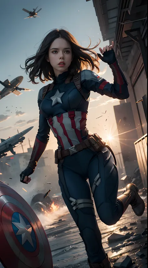 1girl,  haley atwell as captain america (from mcu), ((wearing captain america suit)),  look at viewer, dynamic pose, (random ang...