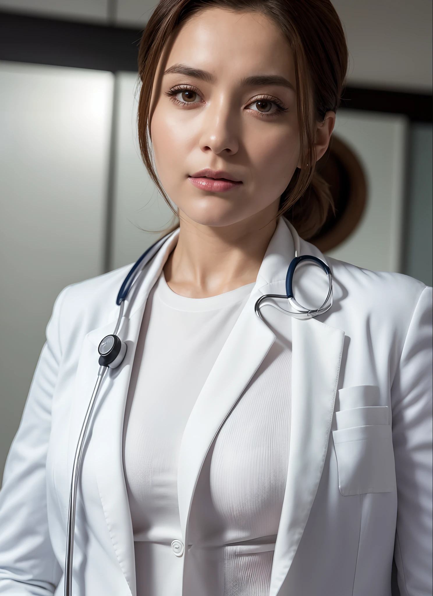a close up of a woman in a white doctor suit, with a stethoscope, High quality image, masterpiece, detailed hair texture, detailed skin texture, detailed cloth texture, 8k, add fabric details, ultra detailed skin texture, ultra detailed photo, skin pores, cloth details, high skin details, realistic hair details