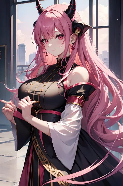 Cover magazine. anime, adult woman, middle aged woman, solo, long hair, pink hair, red eyes, demon horn, black horn, complex horn, demon woman, model, beautiful, fantasy, Casual clothes. Hair accessories. Unusual hairstyles. Earrings. Greeting. Sharp ears....