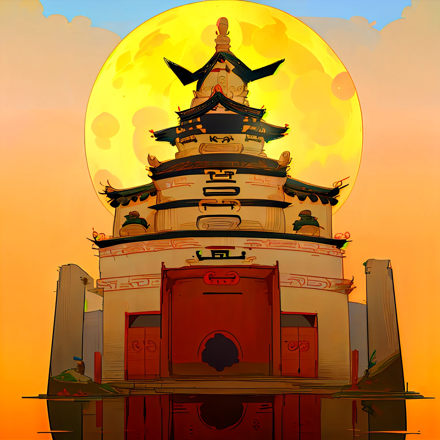 (goden_full_moon:1.8), architecture, bj_ancient_city, bridge, building, castle, cloud, east_asian_architecture, full_moon, moon, night, no_humans, outdoors, pagoda, reflection, scenery, sky, stairs chinese_tower, lake, golden colored thhem, east, delayed photography, realistic scenery, paper carving, virtual engine 5, --auto