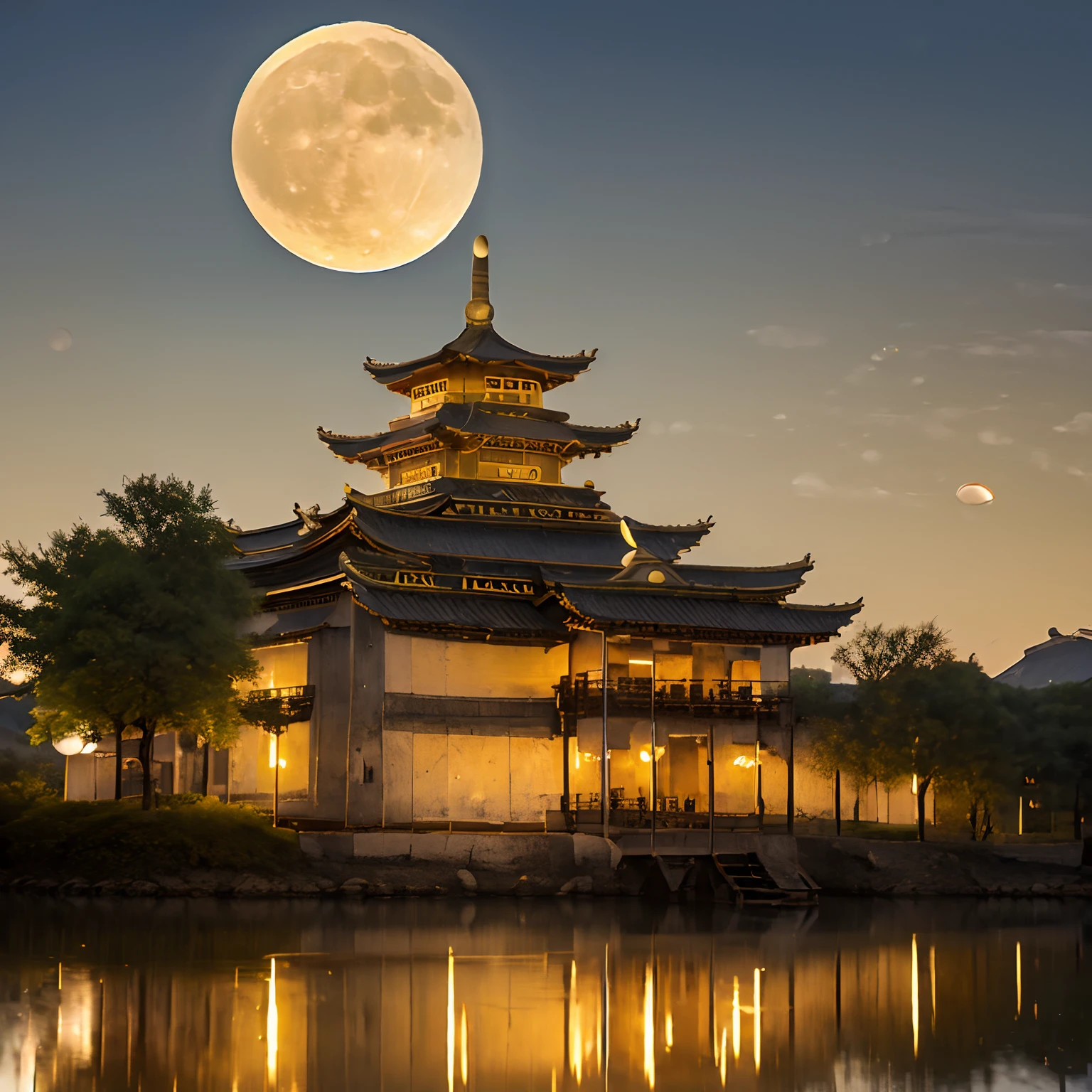 (goden_full_moon:1.8), architecture, bj_ancient_city, bridge, building, castle, cloud, east_asian_architecture, full_moon, moon, night, no_humans, outdoors, pagoda, reflection, scenery, sky, stairs chinese_tower, lake, golden colored thhem, east, delayed photography, realistic scenery, paper carving, virtual engine 5,