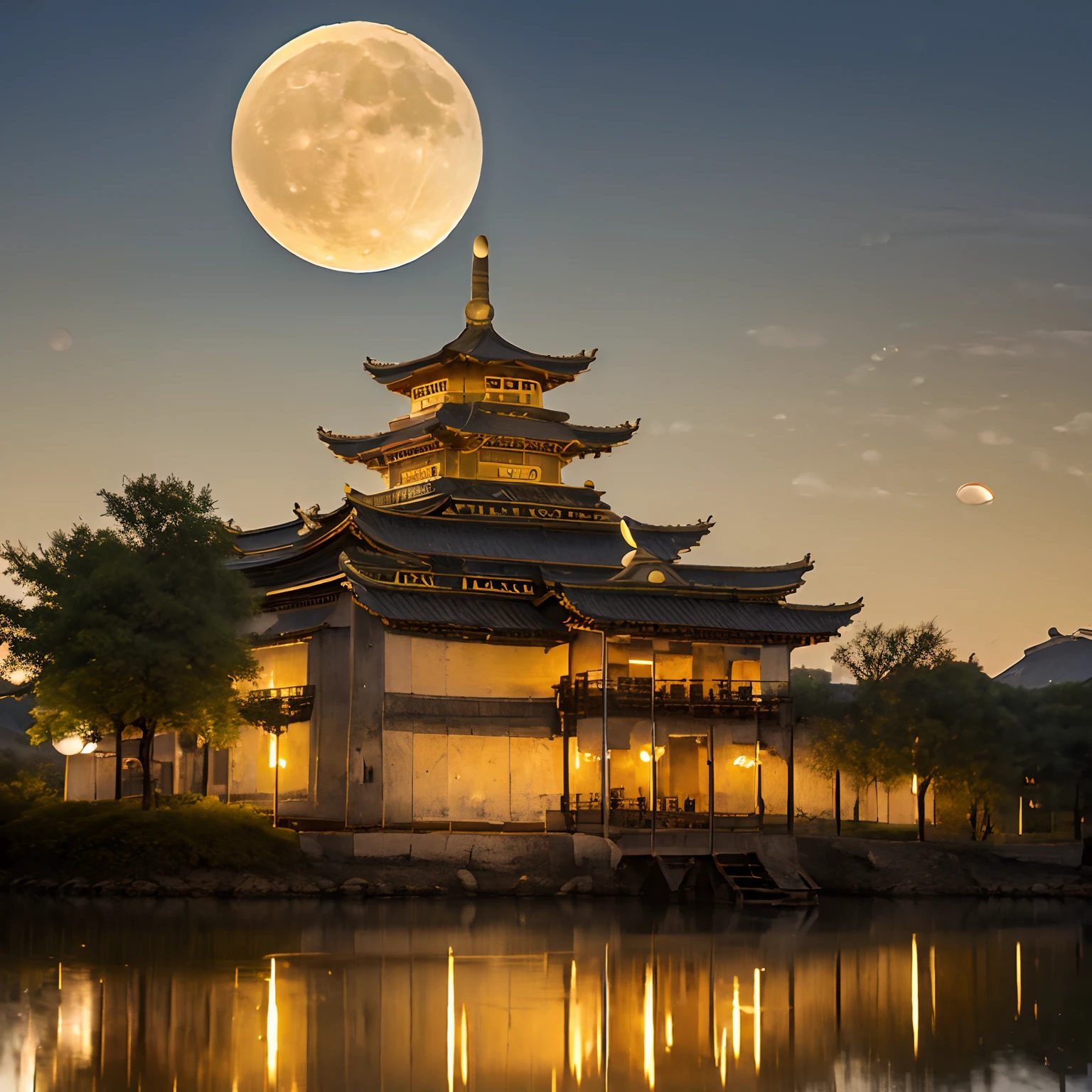 (goden_Voll_Mond:1.8), die Architektur, BJ_uralt_Stadt, Brücke, Gebäude, Schloss, Wolke, Ost_asiatisch_die Architektur, Voll_Mond, Mond, Nacht, NEIN_Menschen, draußen, Pagode, Betrachtung, Landschaft, Himmel, treppe chinesisch_Turm, See, goldfarbenes Garn, Ost, verzögerte Fotografie, realistic Landschaft, Papierschnitzerei, virtueller Motor 5,