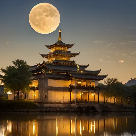 (goden_full_moon:1.8), architecture, bj_ancient_city, bridge, building, castle, cloud, east_asian_architecture, full_moon, moon,...