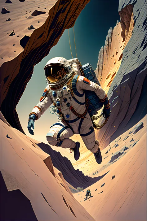 The astronaut, climbing the asteroid