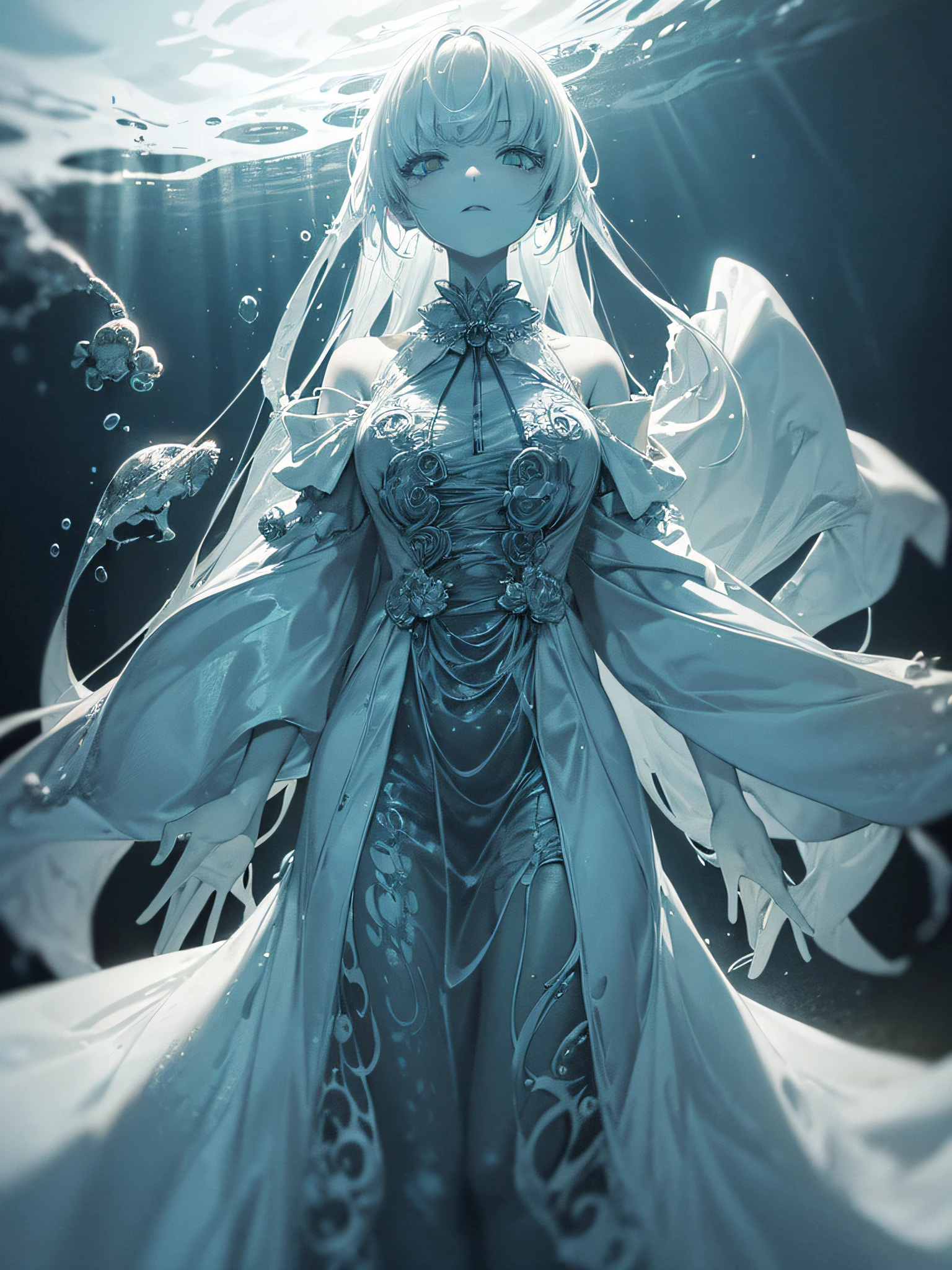 Various Chains holding various floating bodies, Girl in white ghost dress, with white eyes, seabed, underwater, {extremely detailed 8k CG unit wallpaper}, expansive landscape photography, (a view from below with focus on character and setting), (wide open field view), (low angle shot), (high light: 1.0), (low light: 1.8), (warm light source: 1.2), complex details, (colors iridescent: 1.2), (bright lighting), (atmospheric lighting), Scary, ghostly, surrealistic, otherworldly
