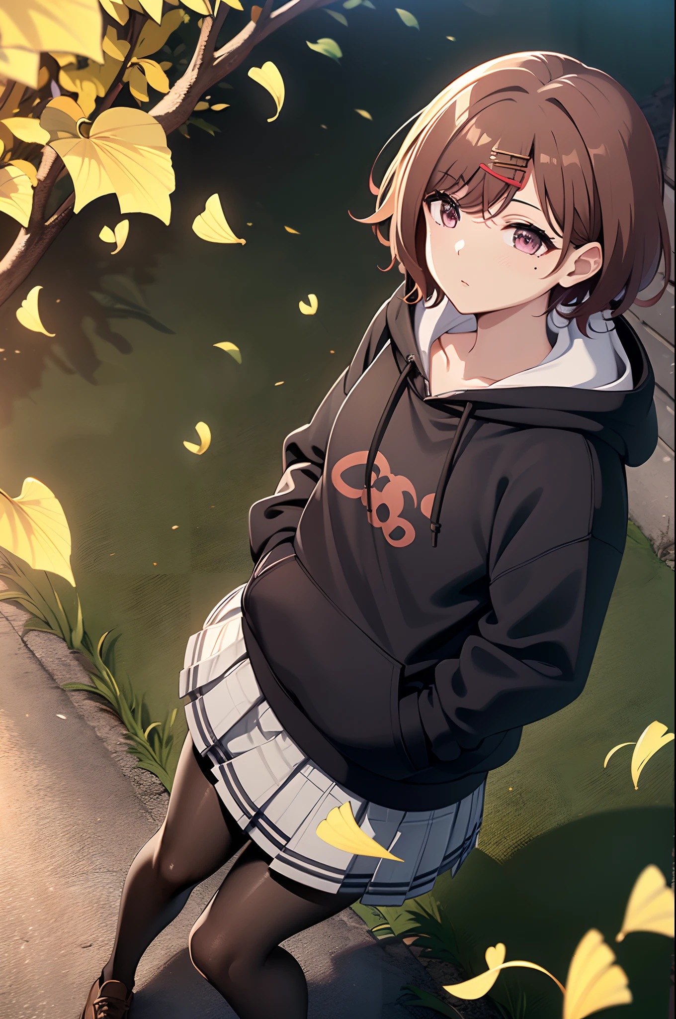 (((higuchi_madoka))),(((1girl in))),(((Brown hair))),(((hair clips))),(((Mole under the eyes))),((short-hair))),(( (bangss))),(((Wearing a black hoodie))),(((Grey pleated skirt))),(((Black pantyhose))),(((shirt with collar)))),((long-sleeve))) ,(((Purple eyes))),((Perfect hands)))(((Perfect Anatomy)))(Beautiful detailed eyes: 1.6)、(((extra detailed face)))、Walking、Yellow ginkgo tree-lined promenade、Yellow ginkgo leaves fluttering in the wind、softlight、Rim Lights、超A high resolution、top-quality、magnifica、hightquality、Hi-Res、extremely details CG、masutepiece、Best Quality、ultra-detailliert、From  above、Looking at the sky、Epal look、(((I have my hand in my hoodie pocket.)))