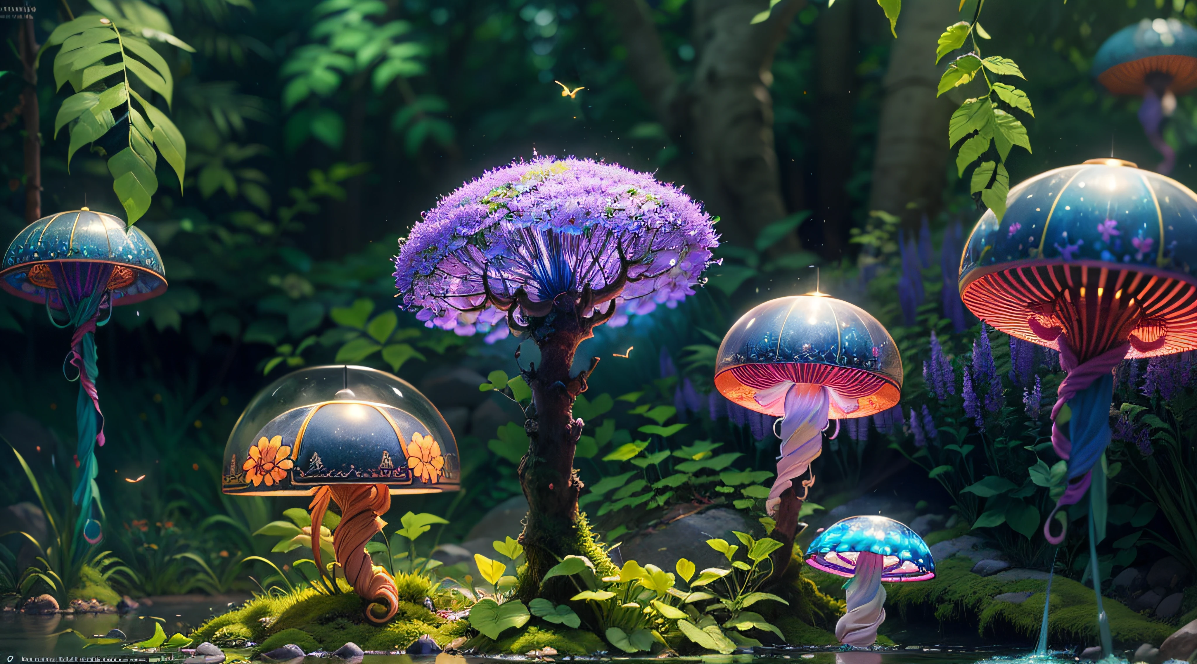 (best quality,4k,8k,highres,masterpiece:1.2),ultra-detailed,(realistic,photorealistic,photo-realistic:1.37),fantasy jungle,floating jellyfish,blue leaf,pink butterfly,firefly,glowing mushroom,strange-looking tree,black vines,strange-looking flowers,colorful flowers and tree,artistic rendering,ethereal atmosphere,vibrant colors,dappled sunlight,lush greenery,majestic tree canopies,mysterious shadows,unexplored paths,hidden creatures,enchanting foliage,whispering leaves,surreal plants,gentle rustling,illuminated petals,dream-like glow,mesmerizing luminescence,glimmering fireflies,twinkling stars,
mystical ambiance,intricate details,airy and magical,ethereal beauty,peaceful serenity,secluded oasis,enchanted escape,enigmatic depths,unearthly tranquility