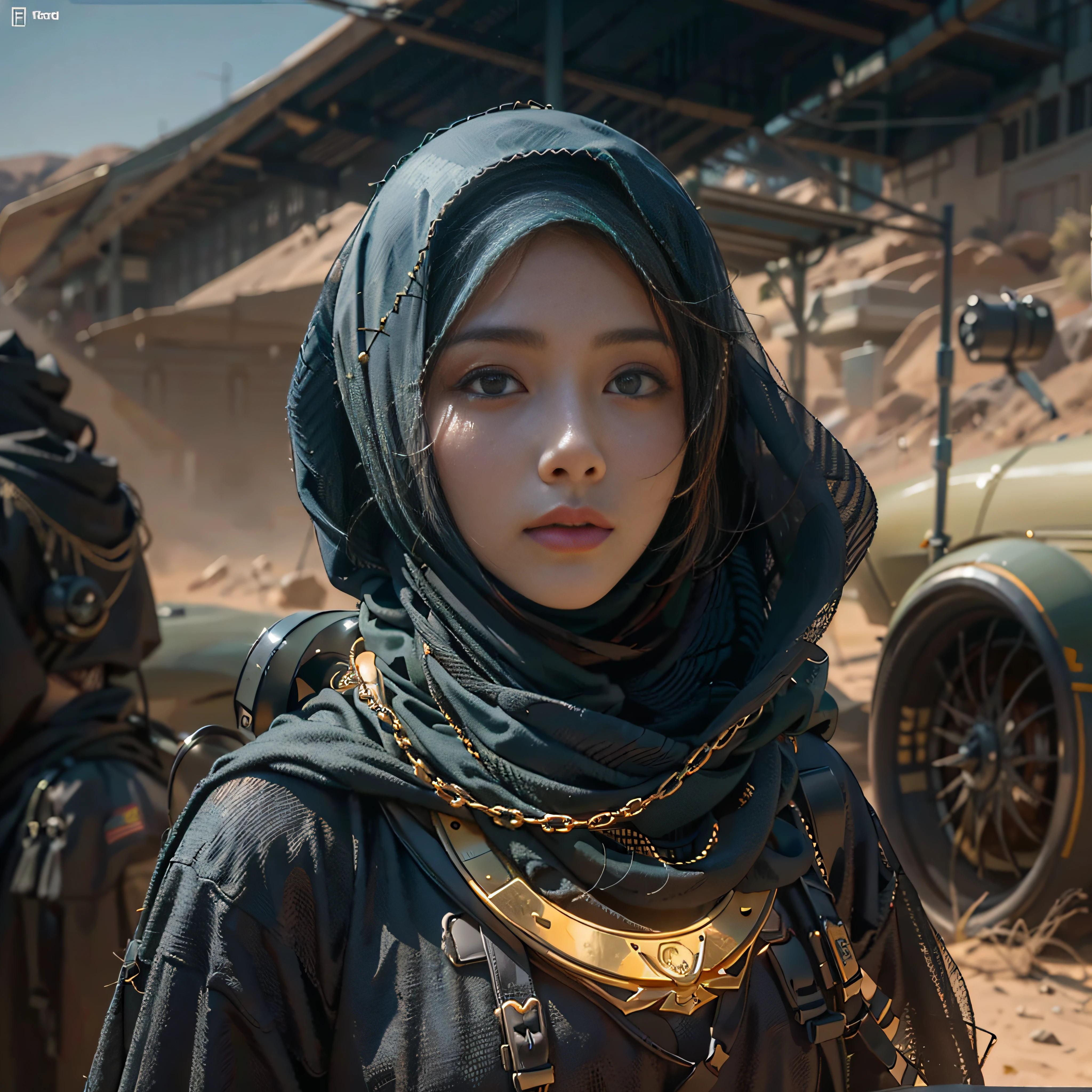 in a panoramic view，photorealestic，cyber punk style，Blue sky, Endless golden desert，Military base in the desert，3girl，Wear a high-tech burqa in black Arabic style（Burqa），Dressed in gorgeous gold Arabian high-tech clothing，Wearing a black high-tech headscarf（hijabi sluty），Black high-tech veil（niqab），High-tech combat equipment hangs on the body，Carry a sci-fi rifle，Sci-fi Saber，Standing in front of a military base，Sharp eyes，professional，Meistwick，commissioned，best qualtiy，color corrected，After fixation，Retouching，Improvement，Epic，Tone-mapping，the detail， highly  detailed， digitial painting， art  stations， Conceptual map of the long dam， Smoothness， Sharp focus， Beautiful illustration， photore， The light from the back window is backlighted， Dynamic Lighting， crap， complex， cinematic grain， professional， face to the viewer，（Beautiful m3d_woman， Perfect M3D_face,）， Volumetriclighting， subsurfacescattering， Good highlights， Good shadows， cinematic ligh