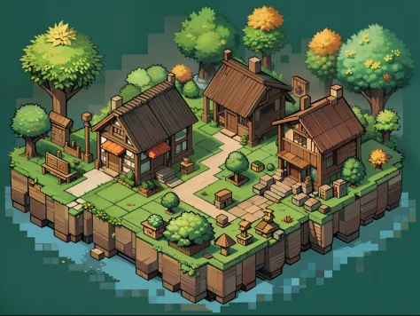 Cartoon style illustration of a small village on a small island, isometric island in the sky, ((rpgmaker)), RPG horror, Screenshot of JRpg, The River of Macheng, House of the Witch, dark horror, Tile map, isometric 2 d game art, isometric game art, iso-dis...