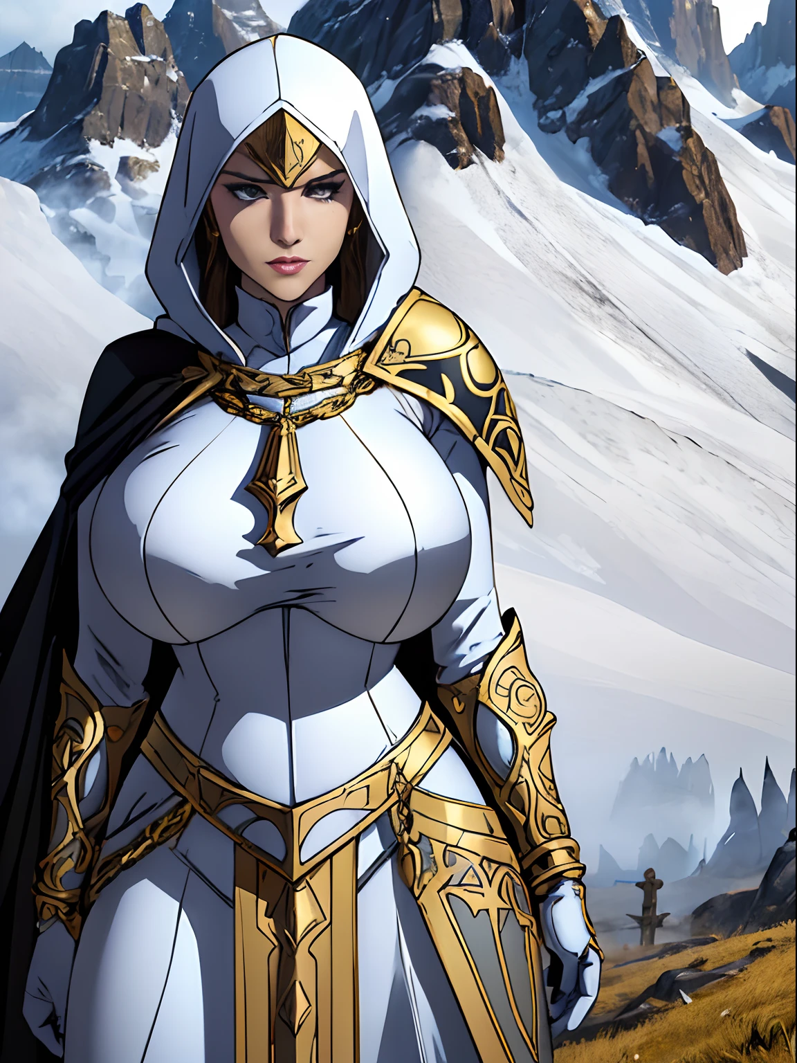 (masterpiece, top quality, best quality, official art, beautiful and aesthetic:1.2), (1girl:1.3), light freckles, fair skin, extremely detailed, portrait, looking at viewer, solo, (full body:0.6), detailed background, close up, (warm grasslands theme:1.1), holy paladin knight, charlatan, smirk, mysterious, swaying in mountains, modest attire, ((((ornate white and gold metal plate armor)))), cowl, nun hood, wimple, boob armor, cowl, robe, chain mail, black leggings, chain mail leggings, chain mail leggings, breastplate, tabbard, hood, pauldrons, greaves, armored, long boots, longsword, shield, cape, cloak, pearlescent metal, white fabric, pale leather, ((((gigantic breasts)))), slim waist, slim hips, long legs, medieval (mountain exterior:1.1) background, dark mysterious lighting, shadows, magical atmosphere, dutch angle,