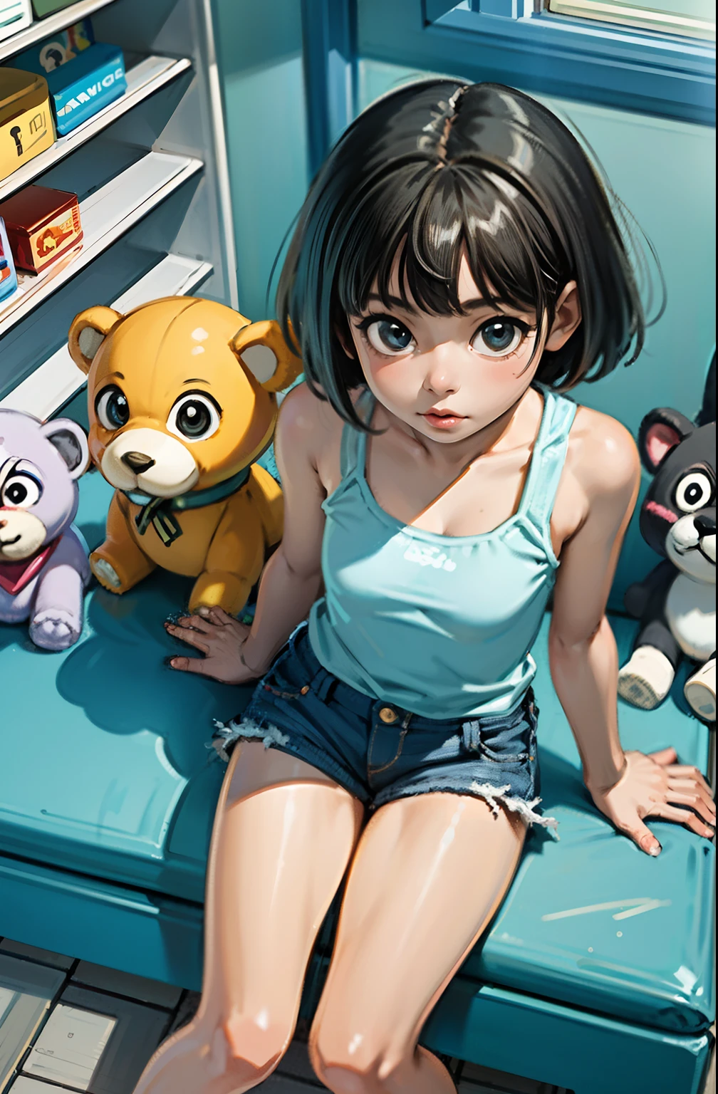 (masterpiece, best quality), (colorful:1.4), from above, solo, Dora the explorer sitting on the ground of a store with lots of stuffed animals on the shelves, depth of field,full head, tank top,cute,hot pants