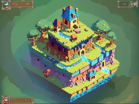Cartoon style illustration of a small village on a small island, isometric island in the sky, ((rpgmaker)), Role-play horror, Screenshot of JRpg, Macheng River, House of the Witch, dark horror, Tile map, isometric 2 d game art, isometric game art, iso-dist...