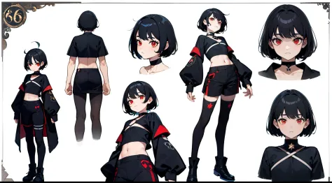 ((Masterpiece, Highest quality)), Detailed face, character sheets, full bodyesbian, Full of details, Multiple poses and expressions, Highly detailed, Depth, Many parts, 1boys,for 6 years old  :3, Black color hair， Black crop top， mitts, Stockings, Black ch...
