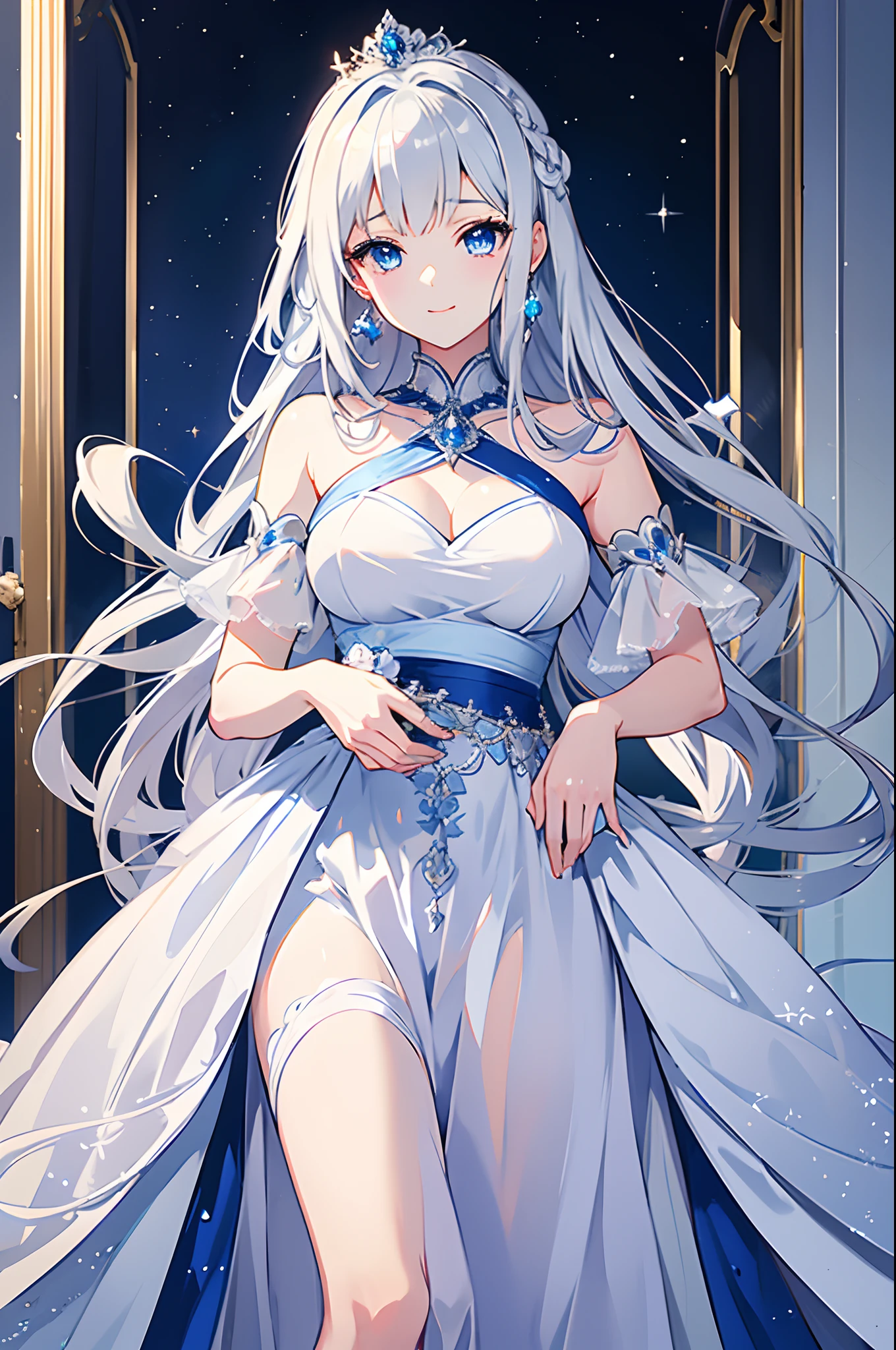 animesque、top-quality、hight resolution、Standing picture、a beauty girl、femal、Princess、Glossy detailed gray hair long、White and blue dress with detailed design、Detailed blue eyes、Princess Knight、Elegant、Gorgeous、elegent、A sexy、goodlooking、Gentle smile