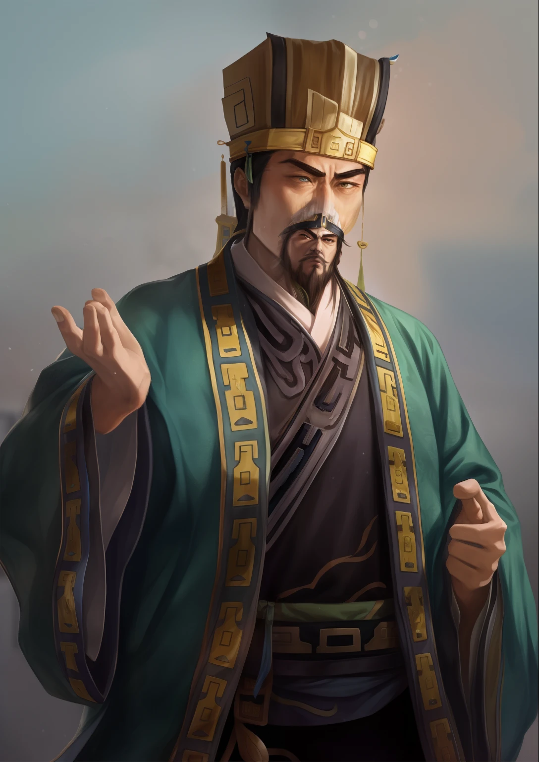 Um deles estava vestindo uma túnica verde。，O homem na coroa estendeu as mãos, inspirado no imperador Xuande, inspirado em Dong Yuan, Inspirado por Cao Zhibai, inspirado em Wu Bin, inspirado em Hu Zaobin, Inspirado por Huang Ding, inspirado em Li Tang, inspirado em Li Kan, inspirado em Zhang Lu, Zhao Yun, inspirado em Zhang Sengyao