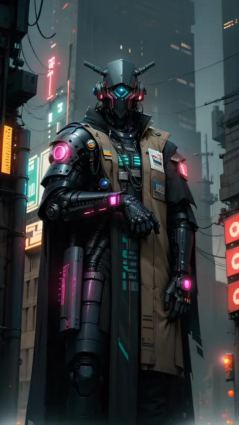 robort derpd ranger  working for scifi mega corporation, elite corporate enforcer patrolling the streets, wearing detailed multi color robes cape, corporate offices,cyberpunk scene, busy street, neon lights,