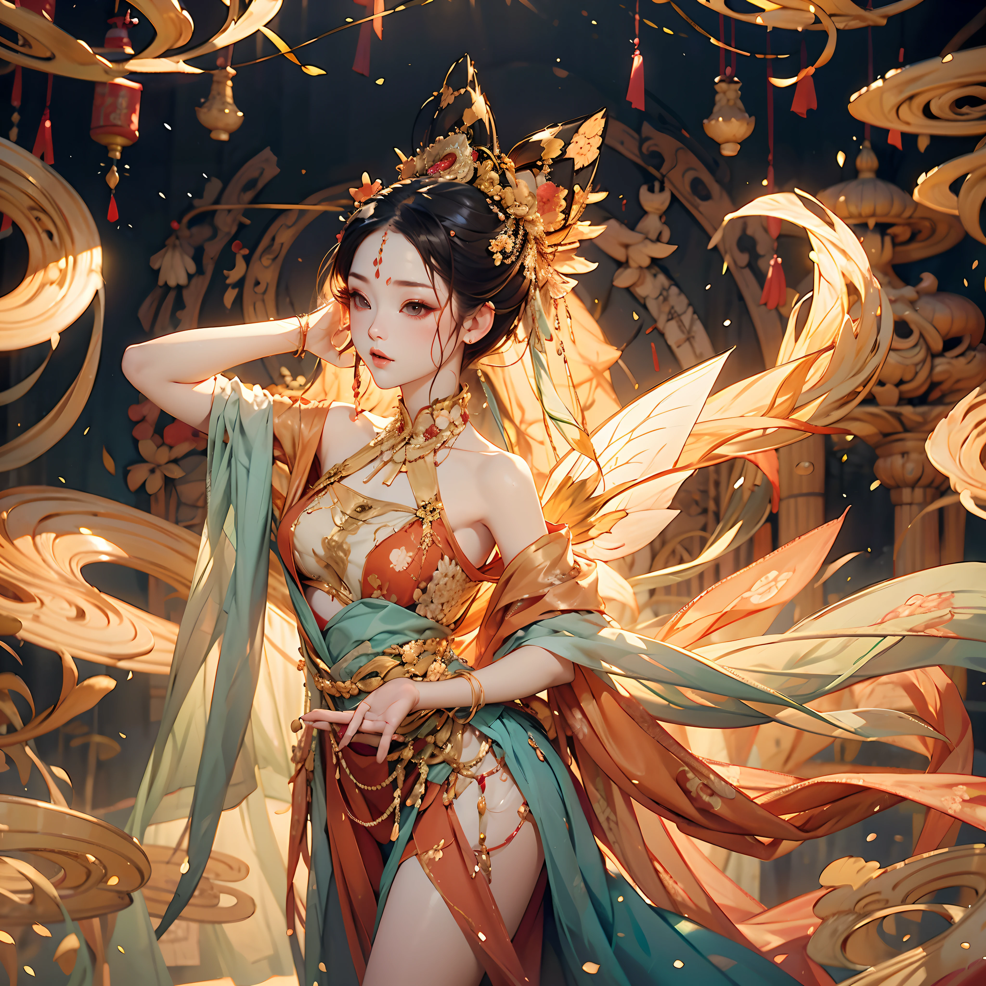 National style and ancient rhyme，Oriental aesthetics，The painting style is gorgeous，Oriental beauty dressed in gorgeous clothes，Little fox fairy，A feast for the eyes，