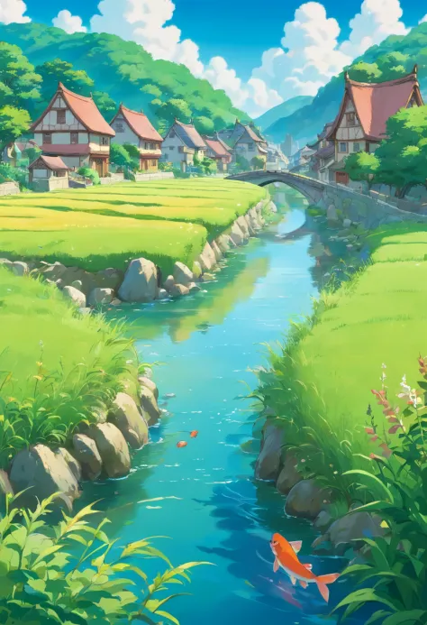 Landscape scenery of a grass field with a river with fish in it, blue sky, village area, anime