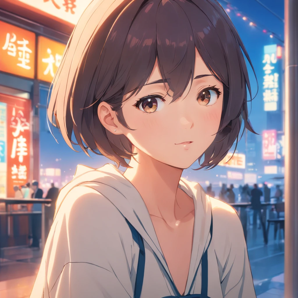 Anime girl in a white shirt and blue overalls standing in front of a  building - SeaArt AI