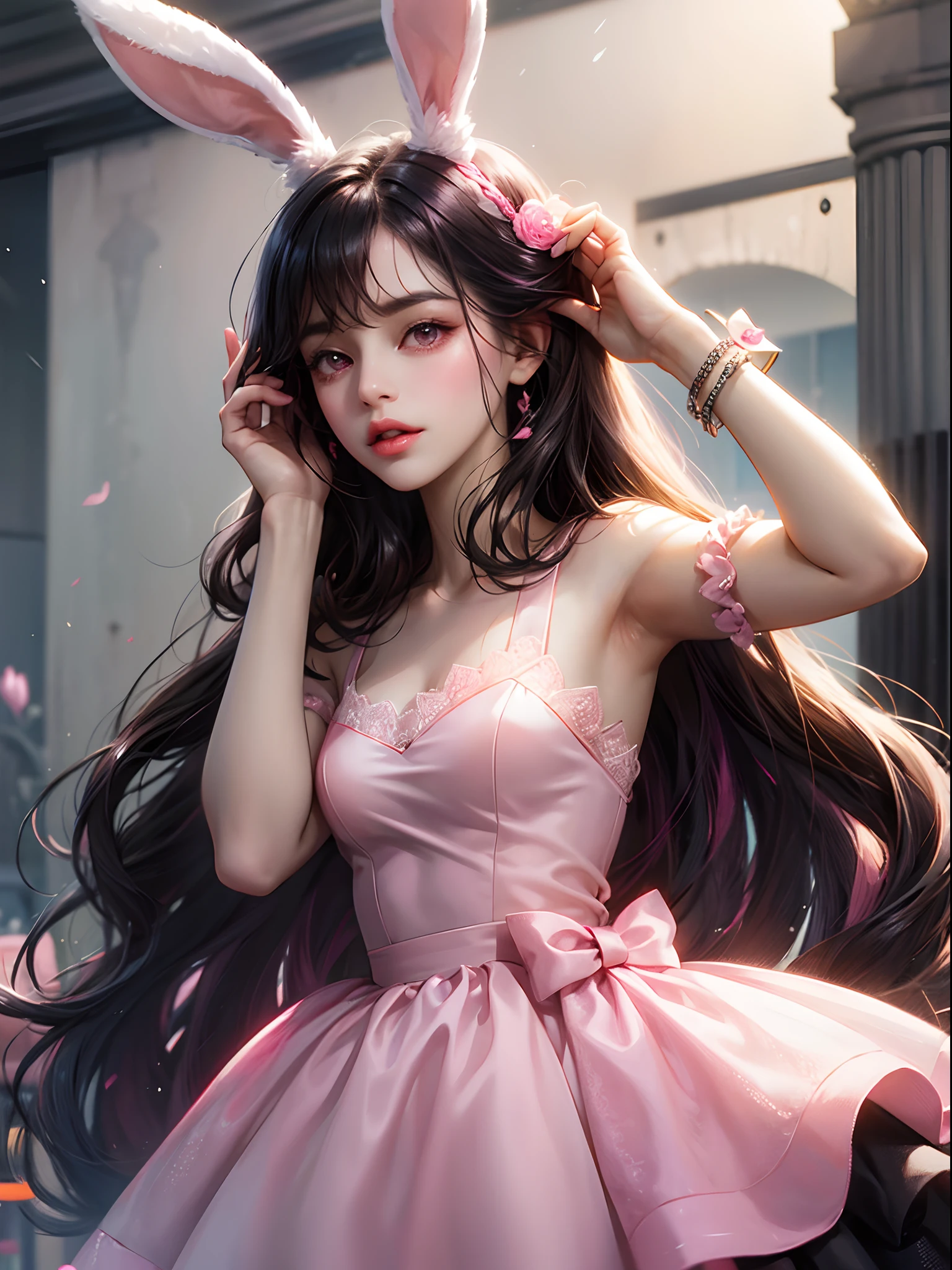 une femme, oreilles de lapin roses, cheveux noirs, yeux roses, robe rose