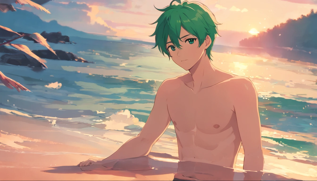 Anime boy assis sur la plage avec ses mains dans ses poches - SeaArt AI