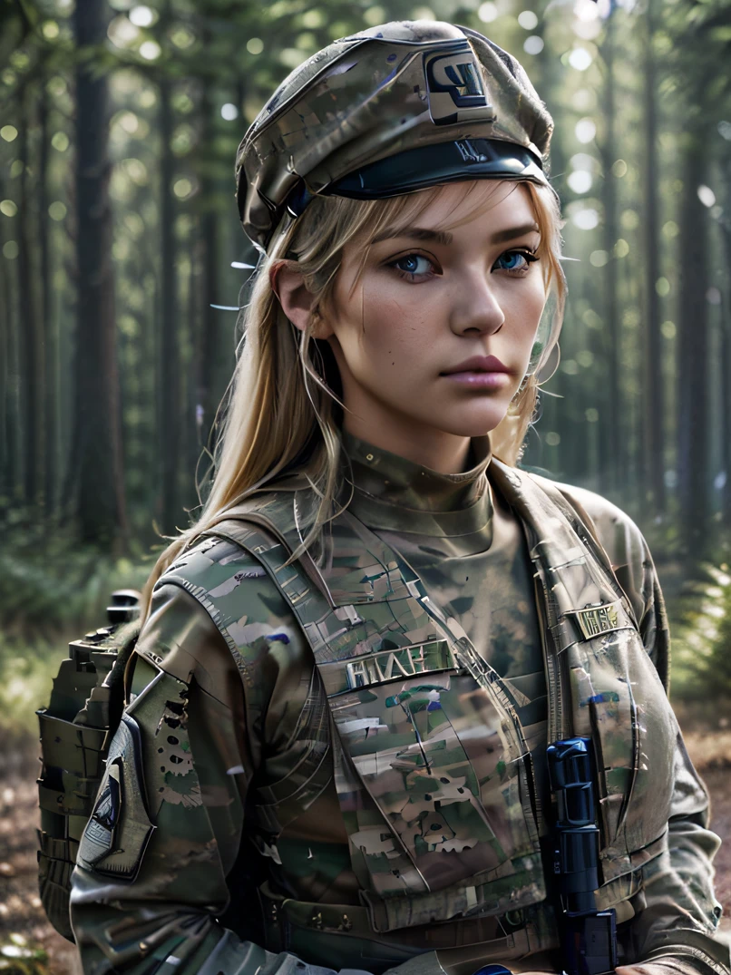 ((​masterpiece、ultra fine photos、top-quality、超A high resolution、Photorealsitic、foco nítido、(bustshot、Focus from the chest up、Beautiful Female Soldier)))、delicated face、((fair white skin、blue eyess、Blonde Shorthair))、Military Cap、Army camouflage uniform、Camouflage long trousers、Black combat gloves、rucksack、Black Tactical Vest、Detailed face and chest depiction、Detailed hand depiction、combat pose、Dynamic action、in woods、White smoke、watching at viewers