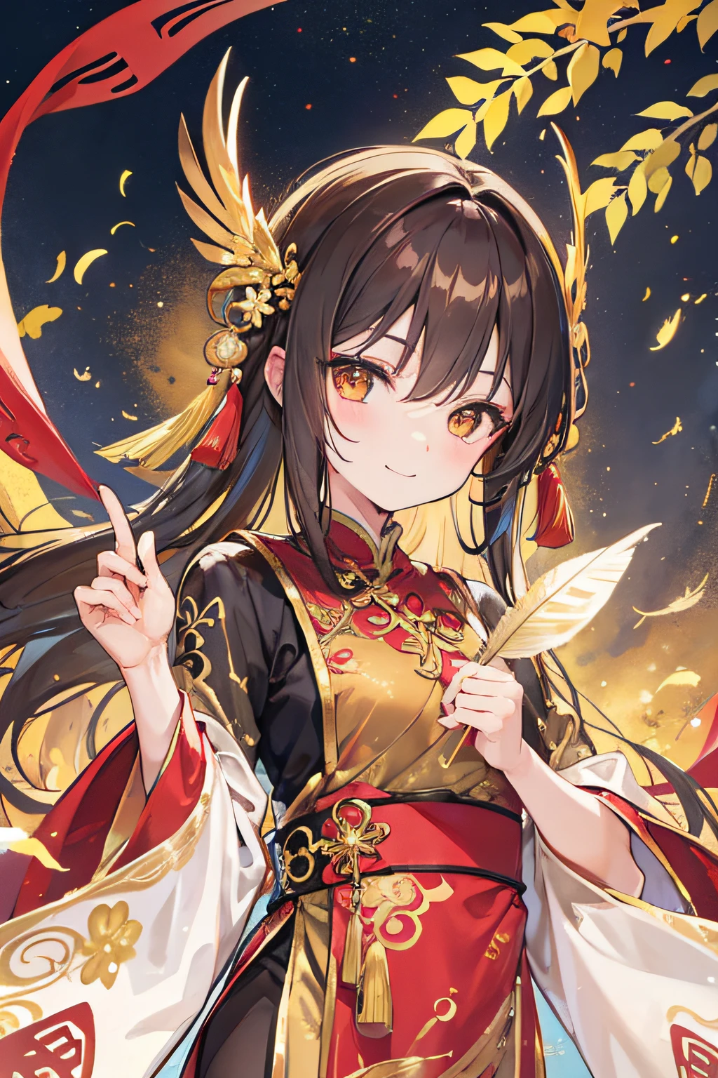 Golden eyes，feather-adorned，brunette color hair，With a  figure，quill，Chinesedress，Sweet smiling，long whitr hair，Eau