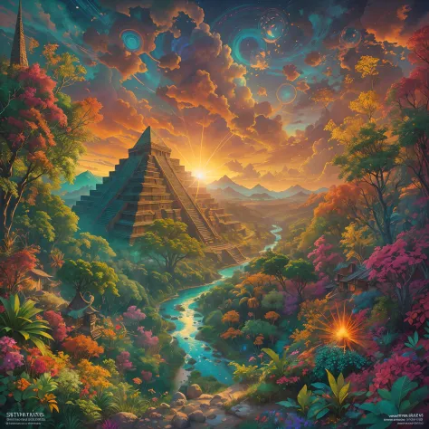 Create a vibrant, otherworldly painting that immerses the viewer in an Aztec-inspired realm. Imagine um denso, Fantastic forest ...