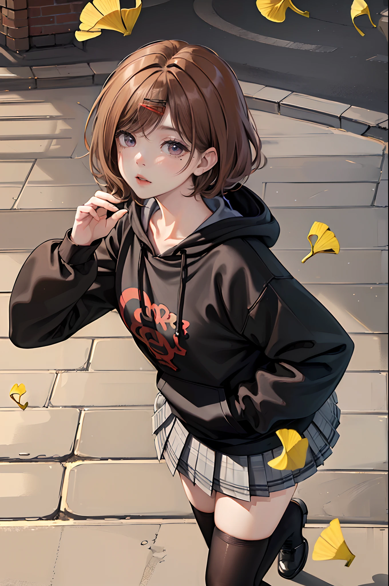 (((higuchi_madoka))),(((1girl in))),(((Brown hair))),(((hair clips))),(((Mole under the eyes))),((short-hair))),(((bangss))),(((Wearing a black hoodie))),(((Grey pleated skirt))),(((Black stockings))), ((shirt with collar)),((long-sleeve)) ,((Pupil purple)),(((Perfect hands))),(((Perfect Anatomy))),((Beautiful detailed eyes: 1.6)),(((extra detailed face)))),(Walking along the promenade of a brick-paved park),(The leaves of the ginkgo trees on the street are yellow.),(Yellow ginkgo leaves flutter in the wind), (Brown hair fluttering in the wind)、softlight、Rim Lights、超A high resolution、top-quality、magnifica、hightquality、Hi-Res、extremely details CG、masuter piece、Best Quality、ultra-detailliert、Looking at the sky、Epal look、(((He has his left hand in his hoodie pocket.))) ((Hold your right hand up to the sky)),(((From  above)))),