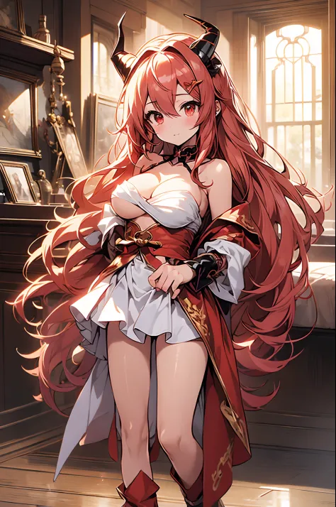 animesque、top-quality、Standing picture、Soio、Whole human body、a beauty girl、Innocence、cute little、shiny detailed red hair、Half Dragon and Half Human、Sexy equipment decorated with dragon scales、Dragon horns grow on the head、childish、Detailed cartoon-like red...