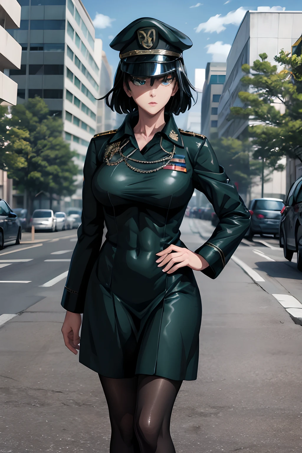 Fubuki vestida con military dress uniform, black uniform, military cap, military dress uniform, black overcoat, black boots, peeping at the viewer