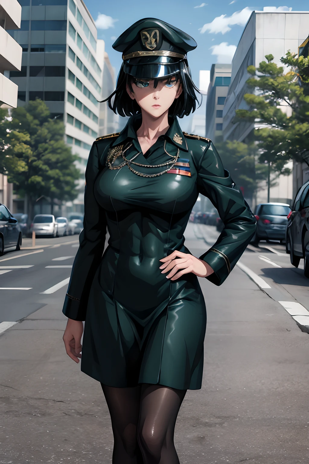 Fubuki vestida con Militäruniform, schwarze Uniform, Militärmütze, Militäruniform, schwarzer Mantel, schwarze Stiefel, den Betrachter anschauen