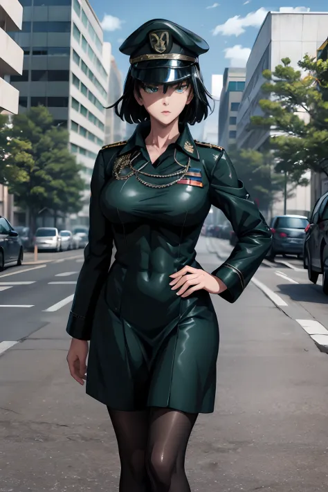 Fubuki vestida con uniforme militar, uniforme negro, gorra militar, uniforme militar, abrigo negro, botas negras, mirando al esp...