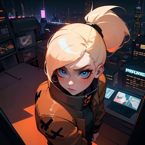 (close up, from directly above), Edgy girl, dark orange jacket, white sneaker, platinum blonde hair color, ponytail, dramatic ma...