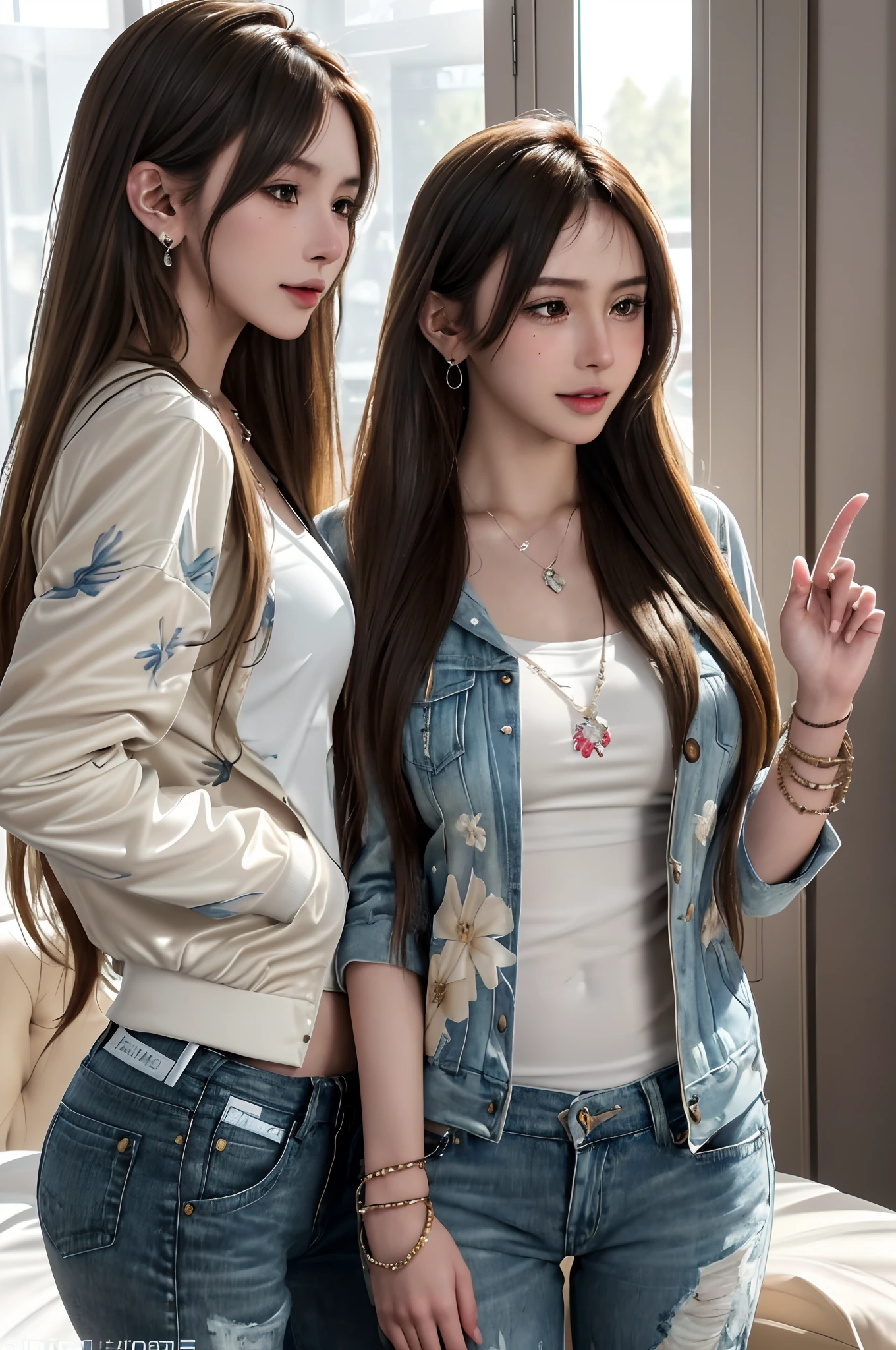 (Masterpiece, Best quality), (photograph realistic), (intricately details, Detailed face), hdr, 2girls,duo,leering:1.4,Dynamic pose, Beautiful girl
Front view, Look at the camera,
Light smile,
Variety of hairstyles,
(Variety of styles Jacket print, Variety of styles Home, A wide variety of pants),
Various earrings,
Various necklaces,
Various bracelets,