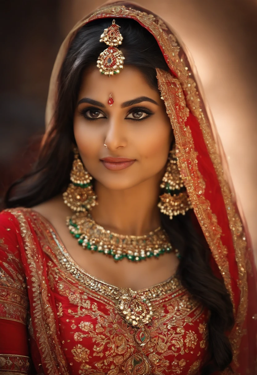 A beautiful indian bride in red and gold outfit - SeaArt AI