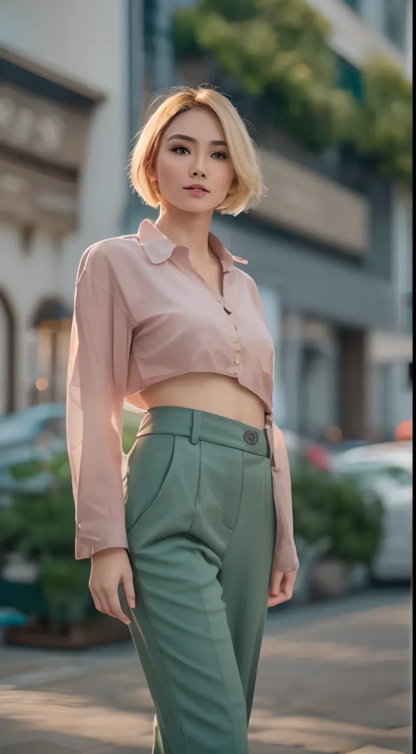Malay girl wear Half Button Rib Knit Tee with green jacket and High Waist Plicated Detail Suit Pants, short blonde hair, bob haircut with bangs, walking in city street, catwalk, confident walk, carrying handbag, windy, elegance, front view, detail skin, de...
