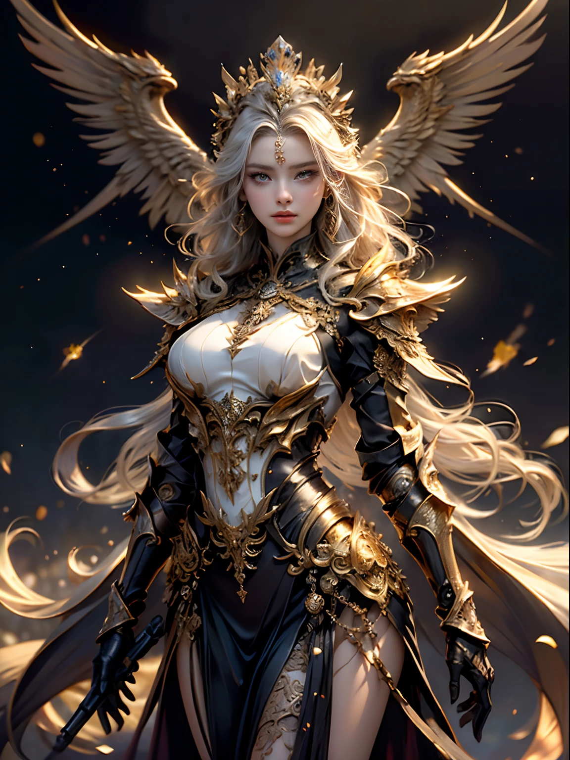 Elven woman in a golden transparent dress,view the viewer,(((Breasts huge, cleavage large))),Waist slender,(umbigo baring,bare waist), Elven girl in shining armor, Beautiful gold and silver armor, extremely detaild, Tiara and exquisite jewelry, long, shapeless hair, ultra detali, Zhenyi Station, Storm location, detailed fantasy art, stunning character art, Beautiful and exquisite character art, crystal jewelry filigree, milky ways, stunning visuals, (dynamic streaks, light trails:1.2), swirly vibrant colors, Cinematic lighting.