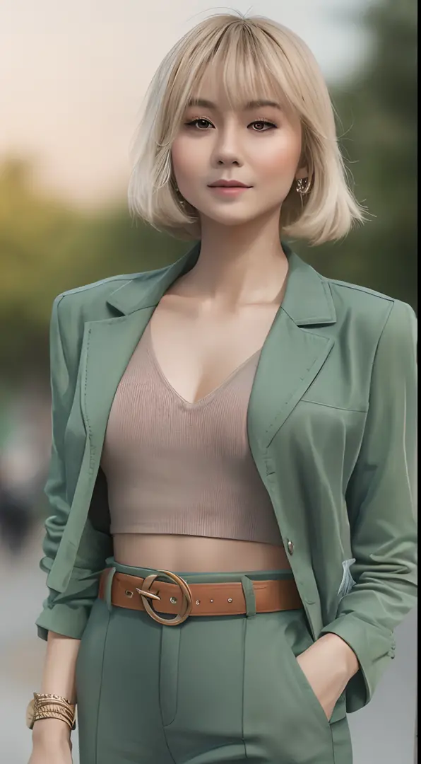 Malay girl wear Half Button Rib Knit Tee with green jacket and High Waist Plicated Detail Suit Pants, short blonde hair, bob haircut with bangs, walking in city street, catwalk, confident walk, carrying handbag, windy, elegance, front view, detail skin, de...