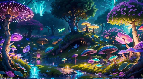 Enchanted mystical forest, neon-colored butterflies, pure blue water river spring, golden mini fairies, glowing mushrooms releas...