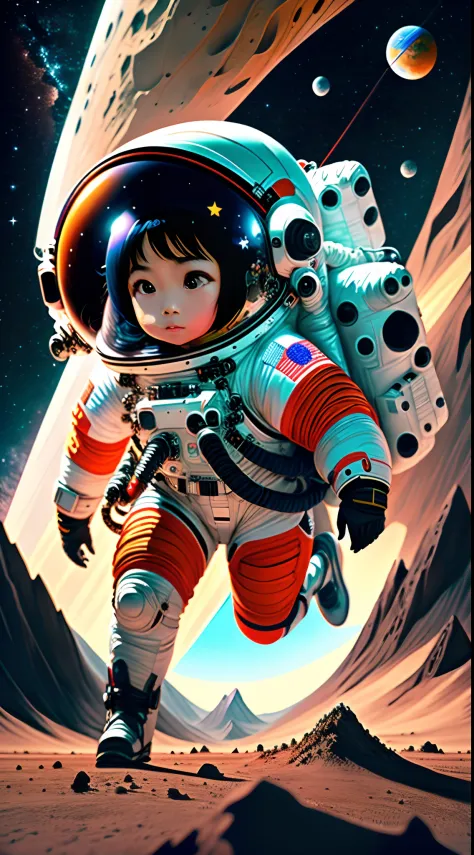 Chinese Astronaut girl, Astronaut helmet, In space, The surface of Mars，Huge peaks， stars, Upper body, top to bottom, 1girll, So...