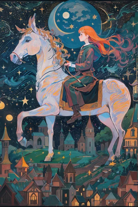 The girl rides through the night astride a fantastic animal like a horse. On the ground, the castle appears small, while the sta...
