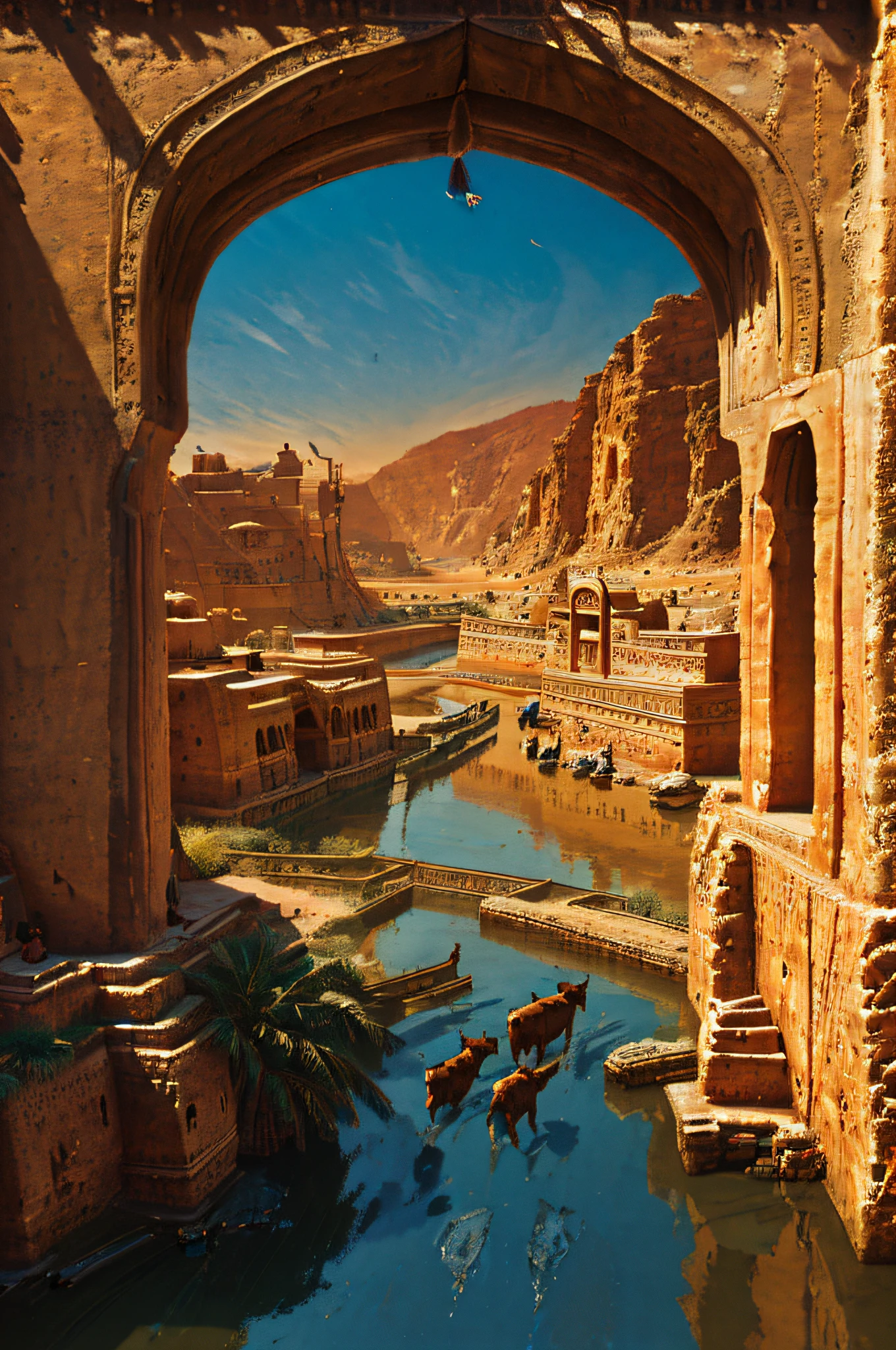 (Ultra photo realsisim, Intricate, epic cinematic scenery),(Create a photorealistic image of the landscape in the year 2500 BCE in the region encompassing present-day Pakistan and north-western India. The scene should portray a pristine environment with flowing rivers, lush vegetation, and small settlements of the Indus Valley Civilization. People go about their daily activities, tending to fields, herding cattle, and trading goods. Ancient architecture, such as the distinctive structures of the time, can be seen along the banks of the Indus River. The atmosphere should capture the essence of an advanced and thriving ancient civilization, highlighting its agriculture, culture, and urban planning, as it existed over four millennia ago.)

This photorealistic prompt aims to recreate the landscape and life of the Indus Valley Civilization during 2500 BCE in a historically accurate and immersive manner.) (In the bustling port), (Intricate, A lot of small details, Amazing lighting, stunning environment), (Colorful, Ultra photo realsisim, High quality, Highly detailed, Sharp focus, 8K  UHD, ultra-realistic realism), crowd of people at the market