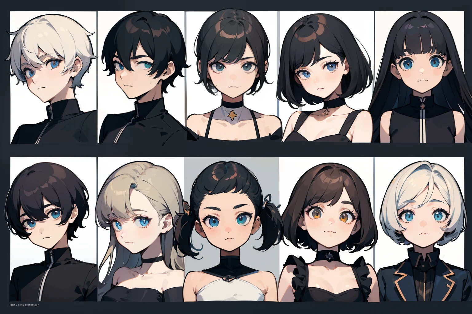 ((Masterpiece, Highest quality)), Detailed face, character sheets, full bodyesbian, Full of details, Multiple poses and expressions, Highly detailed, Depth, Many parts, 1boys , Children all over the body :3,  Black crop top， mitts, Stockings, Black choker, The eye, Star (symbol), pupils in symbol shapes