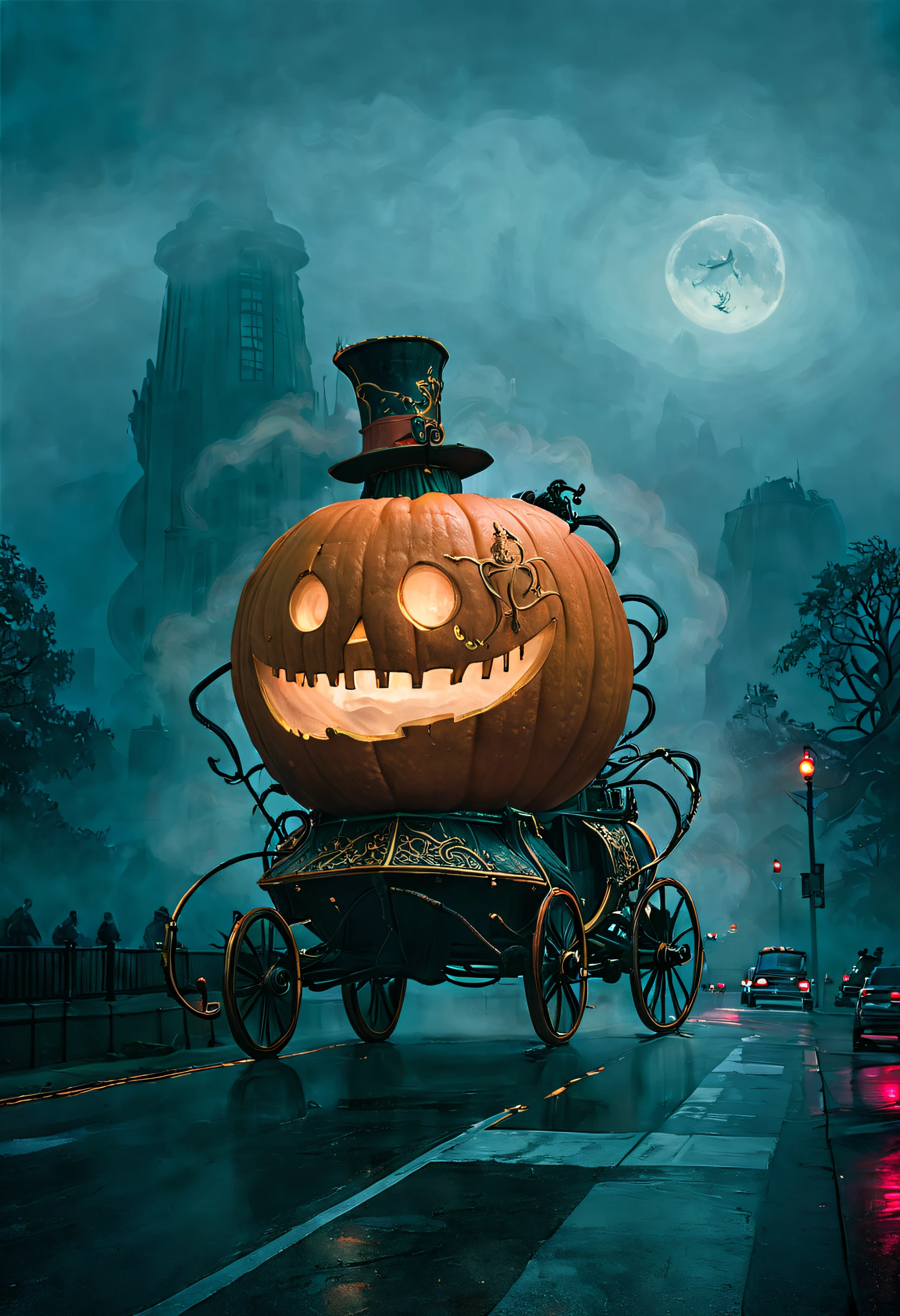 ssta, concept - Enchanted Pumpkin Carriage driving down city roadway at Dusk: A magical scene featuring a breathtaking pumpkin carriage, beautifully adorned with intricate carvings and glowing from within, is captured at dusk, surrounded by soft, warm light and mysterious, swirling mist, reflecting the fairytale charm and wonder of the enchanted vehicle, and contrasting with typical mundane reality.