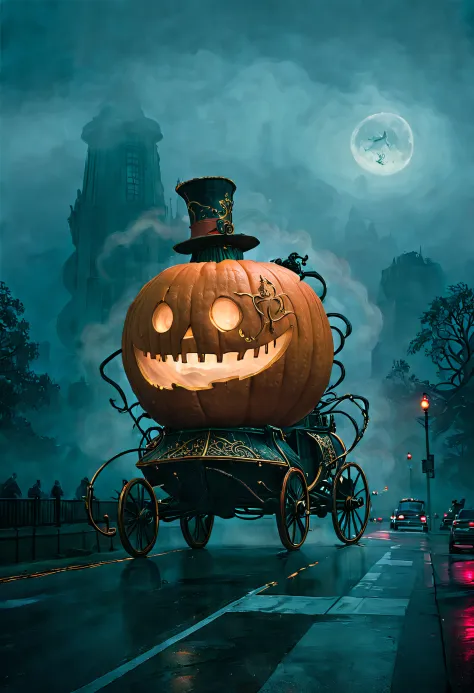 ssta, concept - Enchanted Pumpkin Carriage driving down city roadway at Dusk: A magical scene featuring a breathtaking pumpkin c...