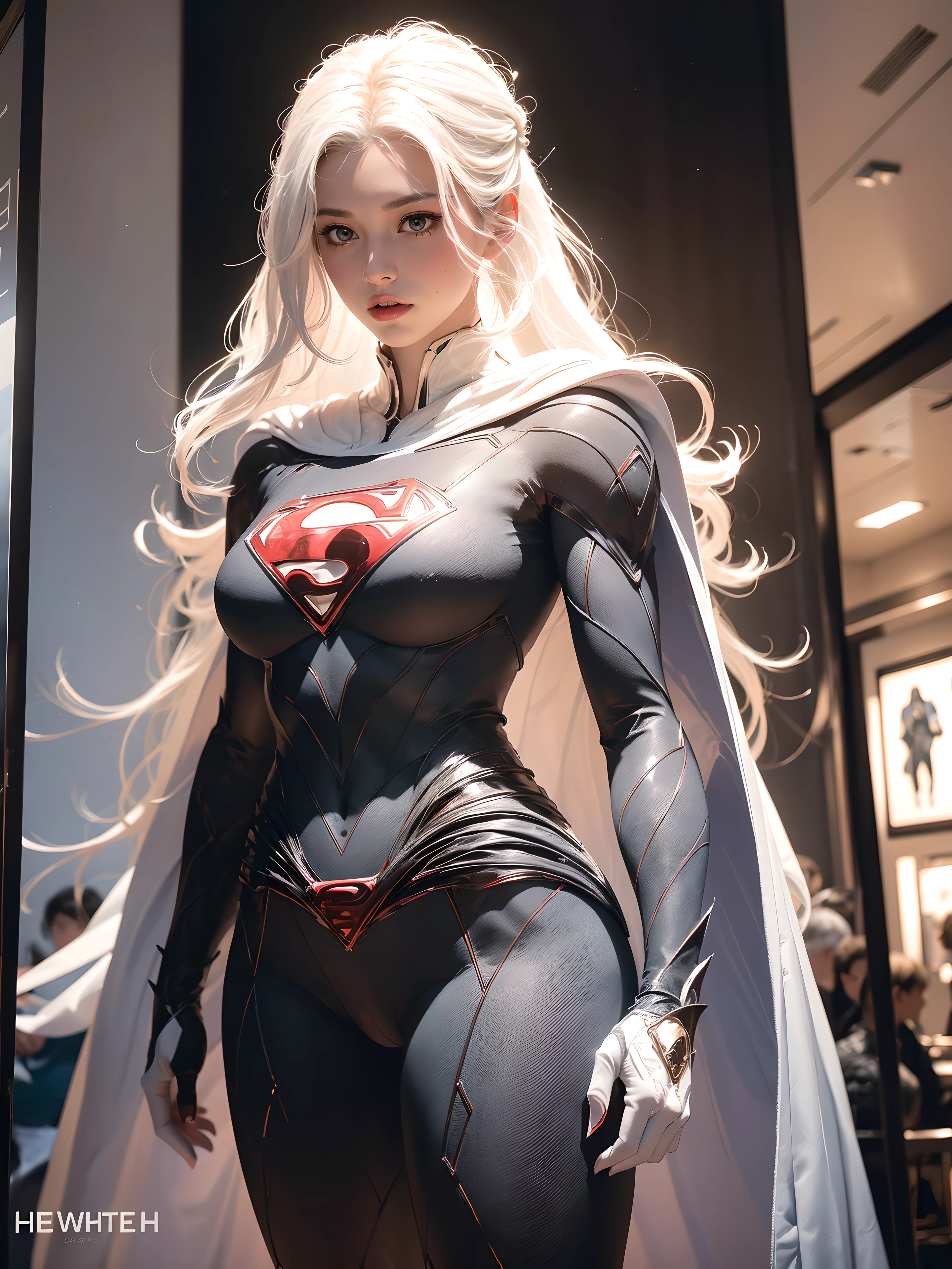 A 25-year-old girl with white hair in an elaborate long-sleeved Superman costume in white, covering the whole body,  white capelet, big breastes, generous cleavage, White Superman Costume, Suit with white carbon fiber details, bent over (Posing on the display:1.4), (intricate details:0.9), (HDR, hyper-detailing:1.2), (natural skin textures, hyper realisitc, soft light, Sharp), Photos in RAW and 35mm format. Dark radial background.