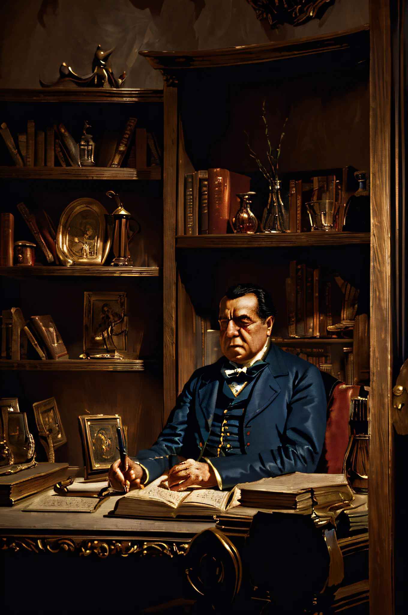 (Ultra foto realsisim, Intrincado, cenário cinematográfico épico),("Crie um retrato fotorrealista de Washington Irving, o célebre autor americano, no início do século 19. Irving está sentado em sua escrivaninha, pena na mão, e um tinteiro diante dele. Seu escritório é banhado em suave, luz difusa, com prateleiras cheias de livros e manuscritos. A sala exala o ambiente de um retiro acadêmico. A expressão de Washington Irving deveria capturar a essência de uma figura literária que escreveu contos duradouros como “A Lenda de Sleepy Hollow” e “Rip Van Winkle”.,&#39; evocando um senso de criatividade, Imaginação, e a magia atemporal de contar histórias." Esta sugestão fotorrealista visa dar vida ao icônico autor Washington Irving em uma cena que reflete seu legado literário e o encanto de sua época.) , (Intrincado, Muitos pequenos detalhes, iluminação incrível, ambiente deslumbrante), (colorida, Ultra foto realsisim, alta qualidade, Altamente detalhado, foco nitído, 8k hd, Realismo ultra-realista), multidão de pessoas no mercado